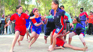 Players in action at the Sub-Junior State-Level Kabaddi Championship at the Parade Ground, Dehradun, on Sunday.