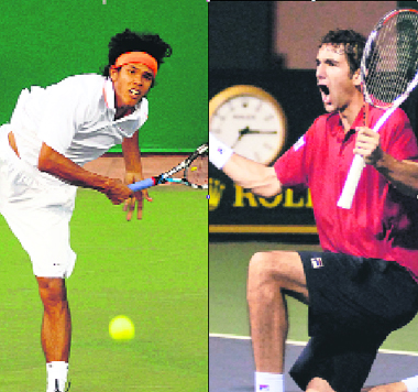Somdev Devvarman returns a shot to Marin Cilic of Croatia and (right): Cilic exults after winning 4-6, 6-7 (3) against Somdev in the single's final of the Chennai Open 2009 Tennis Championships in Chennai on Sunday.