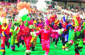 Children perform at the National School Games at the Sector 42 Hockey Stadium in Chandigarh