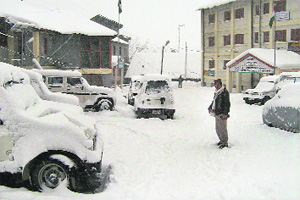 A view of Keylong hills totally covered in snow after a heavy snowfall in Himachal Pradesh on Friday.