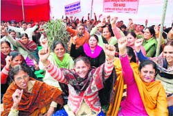 Members of the Haryana Ministerial Staff Association stage a protest in front of the mini secretariat in Karnal on Friday in protest against the Sixth Pay Commission report.