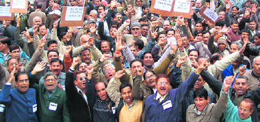 BHEL junior engineers and officers association hold a protest in Haridwar on Saturday.