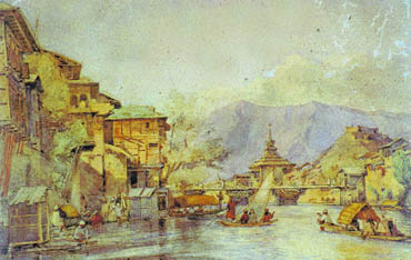 View on the Mar Canal with Mosque of Shah Hamdan, Srinagar. Paintings by William Carpenter C.1850