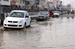 Rain water accumulates on the newly built Bathinda-Goniana road following a mild shower on Sunday morning. 
