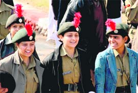NCC cadets in a jubilat mood after R-Day rehearsal in Jammu on Monday.