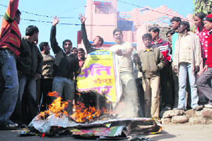Activists of the Akhil Bharatiya Vidyarthi Parishad burn posters of certain adult movies in Karnal on Tuesday.