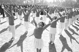 Schoolchildren participate in a rehearsal for the Republic Day function at Police Lines ground in Ambala on Wednesday.