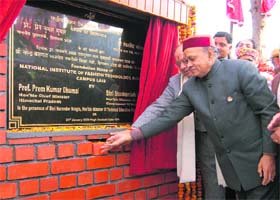 State Chief Minister Prem Kumar Dhumal and Union Textiles Minister Shankersinh Vaghela during the foundation stone laying ceremony of the National Institute of Fashion Technology at Kangra