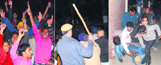 From left: Students of Panjab University protest against the organiser of a cultural programme; policemen try to control the situation; and students caught in a stampede in Chandigarh on Thursday.