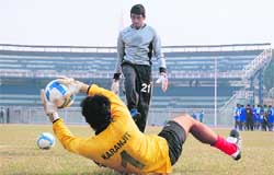 JCTs goalkeeper Karanjit practises in Ludhiana
