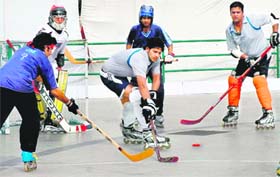 Players of Chandigarh during their inline hockey league match against J&K at KB DAV skating rink, Sector 7, Chandigarh