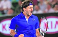 Roger Federer of Switzerland reacts after defeating M Safin of Russia. Federer won 6-3, 6-2, 7-6. 