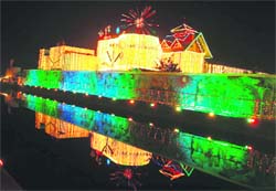 A view of the illuminated Gufa, residence of the Dera Sacha Sauda chief, in Sirsa on the occasion of the birth anniversary celebrations of Shah Satnam Singh.