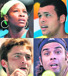 CLOCKWISE (from top left): Serena Williams serves against Peng Shuai; Jo-Wilfried Tsonga looks on against Dudi Sela; Fernando Gonzalez keeps his eye on the ball against Richard Gasquet; Gilles Simon gestures after beating Mario Ancic.