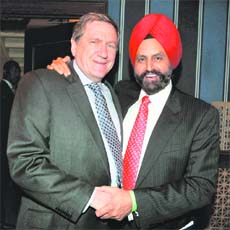 Sant Singh Chatwal, chairman of the Indian Americans for Democrats, greets Richard Holbrooke, the newly appointed special US representative for Pakistan and Afghanistan in Washington