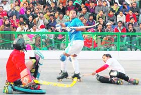 A final match in progress between Chandigarh roller hockey team and Haryana in Chandigarh