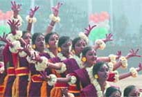 Students perform during Republic Day celebrations at Ambedkar Stadium on Sunday.