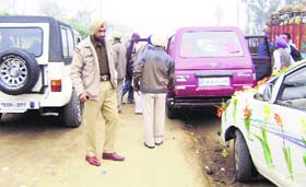 Cops search vehicles of a marriage party at Alamgir village on the Ludhiana-Malerkotla road