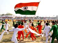 School students performing dance during the Republic Day celebrations in Bathinda on Monday.