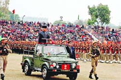 Governor NN Vohra inspects the R-Day parade in Jammu on Monday.