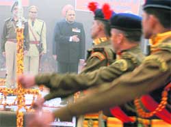 Governor SF Rodrigues takes salute of the march past during the Republic Day celebrations in Ludhiana