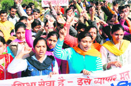DEd students hold a protest in Karnal on Wednesday.