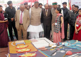Education minister Mangeram Gupta at a science exhibition in a college for girls in Gurgaon on Wednesday.