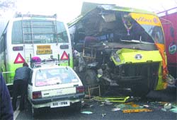 The mangled remains of the ill-fated bus that met with an accident on the Jalandhar-Nawanshahr road near Mahalon village 