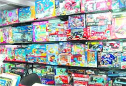A variety of Chinese toys on display at a shop