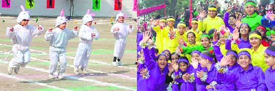 Children take part in a race; and (right) children cheer the participants on during athletics meet at Kundan Vidhya Mandir, Civil Lines, Ludhiana