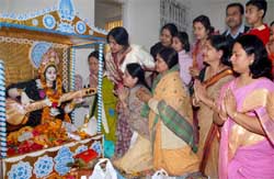 Devotees offering prayers to Goddess Saraswati on the occasion of Basant Panchami celebrations at NFL colony in Bathinda