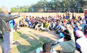 Auto-rickshaw drivers protest at the circus ground in Sector 17, Chandigarh