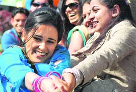 Students take part in tug of war during Basant celebrations at the GGNIMT at Ludhiana