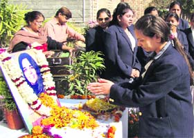 Students of Tagore Bal Niketan Senior Secondary School pay tributes to astronaut Kalpana Chawla on her sixth death anniversary in Karnal
