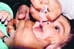 A child is administered polio drops in Jammu on Sunday. Nearly 10 lakh children were administered polio drops in the Kashmir valley alone.
