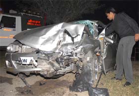 The mangled car that collided with another near the Lake number 3 in Bathinda