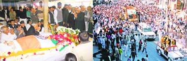 Governor AR Kidwai pays homage to Ranbir Singh Hooda at the Chief Ministers residence in Rohtak on Monday; and (right) the funeral procession