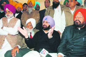 Former Chief Minister Amarinder Singh addresses mediapersons at MP Gurjit Rana’s residence in Jalandhar