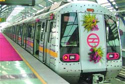 A Metro train on its way to Jahangirpuri Metro station in 
