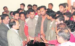 Student leaders of DAV (PG) College and Maharana Pratap Sports College meet sports secretary Utpal Singh in Dehradun on Tuesday. A Tribune photograph