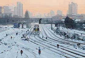 A train arrives at Clapham Junction station in south London