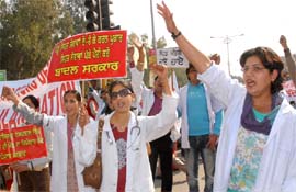 Doctors staging demonstration demanding regularisation of services in Bathinda on Thursday. Tribune photo: Malkiat Singh