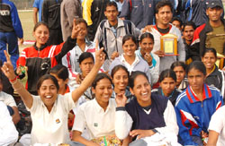 Jubilant winners at the annual sports meet of the Government Rajindra College in Bathinda 
