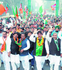 Ajay Chautala, INLD secretary-general, undertakes the janakrosh padyatra, which reached Kurukshetra on Friday.