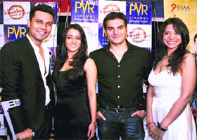 Actors Randeep Hooda, Raima Sen and Arbaaz Khan with diector Madhureeta Anand strike a pose at the premiere of the film Mere Khwabon Mein Jo Aaye in Mumbai on Thursday night