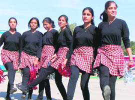 Students of Khalsa College perform aerobics during the final day of the annual athletics meet in Ludhiana on Saturday.
