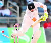 Kevin Pietersen is bowled by West Indies Jerome Taylor during the first Test at Sabina Park, Kingston