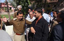Police officials intervening in the dispute that arose between the members of Sanatan Dharm Mahabir Dal in Bathinda on Sunday.