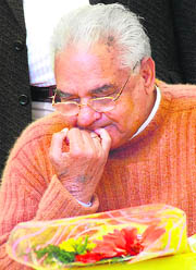 Former Chief Minister Bhajan Lal at the HJCs vishwas rally in Karnal on Sunday.