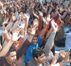 ITM students protest against the institutes management that allegedly extorted money from them, in Sector-23, Gurgaon